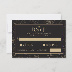Modern Zwart & Goud Anemoon Bloemen Bruiloft RSVP Kaartje
