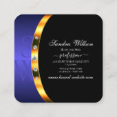 Modern Zwart Goud Blauw met Initialen en Diamanten Vierkante Visitekaartje (Achterkant)