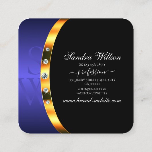 Modern Zwart Goud Blauw met Initialen en Diamanten Vierkante Visitekaartje (Achterkant)