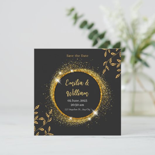 Modern Zwart & Goud Bloemen Bruiloft Save The Date Kaart (Staand voorkant)