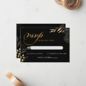 Modern Zwart Goud Bloemen Elegante Bruiloft RSVP Notitiekaartje (Voorkant / Achterkant in situ)