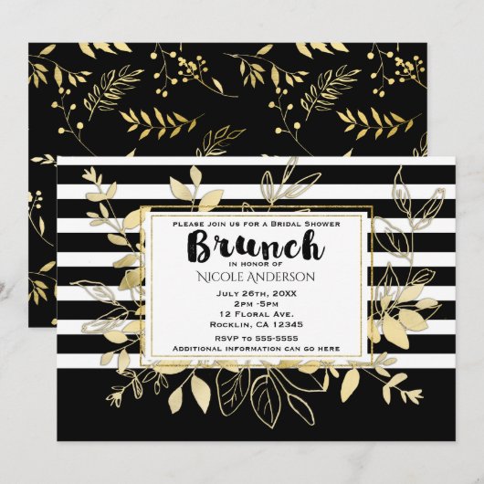 Modern Zwart Goud Botanische Glamour Bruids BRUNCH Kaart (Voorkant / Achterkant)