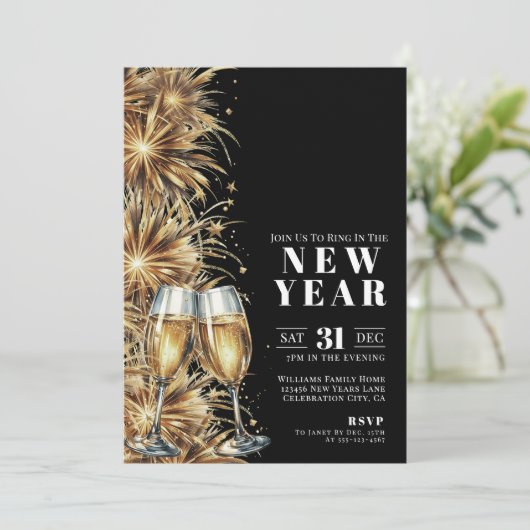 Modern Zwart Goud Champagne Oudejaarsavond Party Kaart (Staand voorkant)