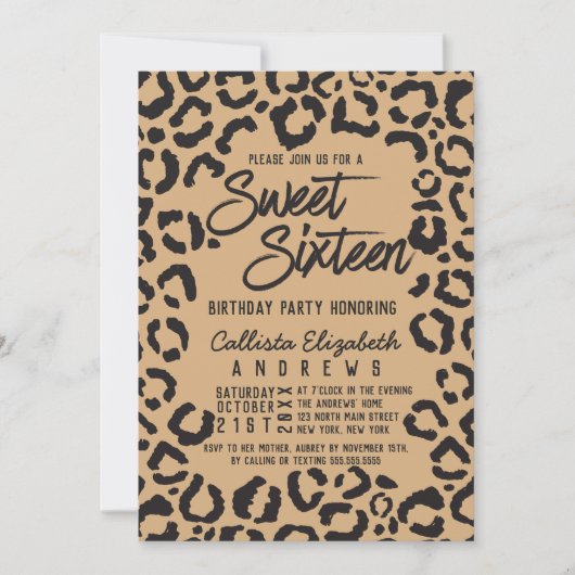 Modern Zwart Goud Cheetah Leopard Sweet 16 Kaart (Voorkant)