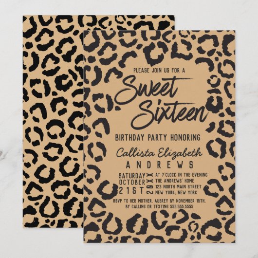 Modern Zwart Goud Cheetah Leopard Sweet 16 Kaart (Voorkant / Achterkant)