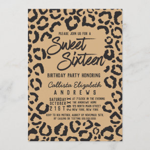 Modern Zwart Goud Cheetah Leopard Sweet 16 Kaart