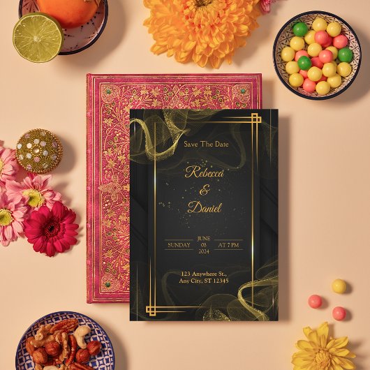 Modern Zwart & Goud Elegant Bruiloft Save The Date Bedankkaart