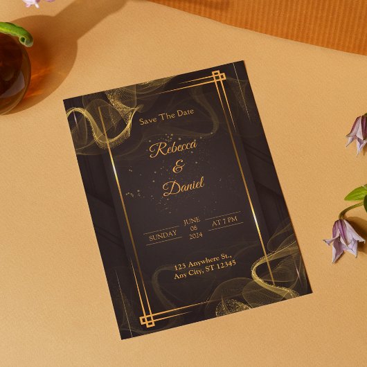 Modern Zwart & Goud Elegant Bruiloft Save The Date Bedankkaart