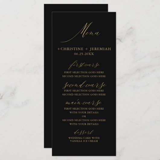 Modern Zwart Goud Elegant Script Bruiloft Menu (Voorkant / Achterkant)