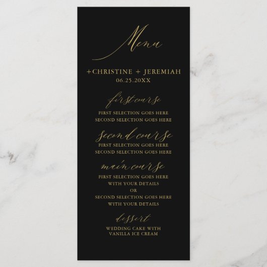 Modern Zwart Goud Elegant Script Bruiloft Menu (Voorkant)