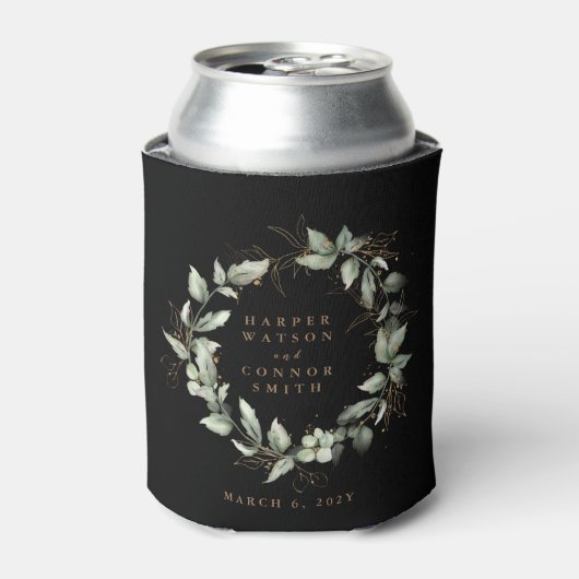 Modern Zwart Goud Eucalyptus Krans Bruiloft Blikjeskoeler (Blikje Voorkant)