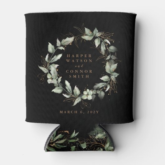 Modern Zwart Goud Eucalyptus Krans Bruiloft Blikjeskoeler (Voorkant)