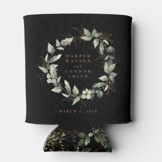 Modern Zwart Goud Eucalyptus Krans Bruiloft Blikjeskoeler (Achterkant)