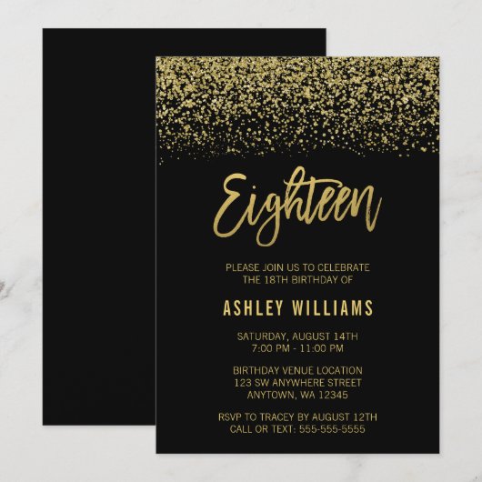 Modern Zwart Goud Faux Glitter 18e Verjaardag Kaart (Voorkant / Achterkant)