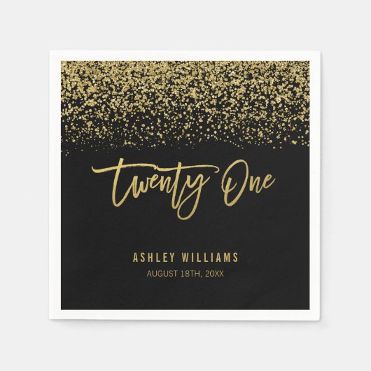 Modern Zwart Goud Faux Glitter 21e Verjaardag Servet (Voorkant)