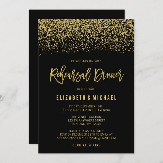 Modern Zwart Goud Faux Glitter repetitie diner Kaart (Voorkant / Achterkant)