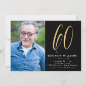 Modern Zwart & Goud Foto 60ste Verjaardagsfeest Kaart (Voorkant)