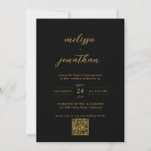 Modern Zwart & Goud Foto Monogram QR code Bruiloft Kaart (Voorkant)