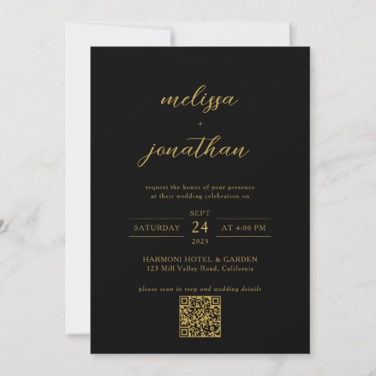 Modern Zwart & Goud Foto Monogram QR code Bruiloft Kaart (Voorkant)