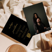 Modern Zwart & Goud Foto Monogram QR code Bruiloft Kaart