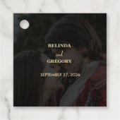 Modern Zwart Goud Foto Overlay Bruiloft Bedankjes Labels (Voorkant)