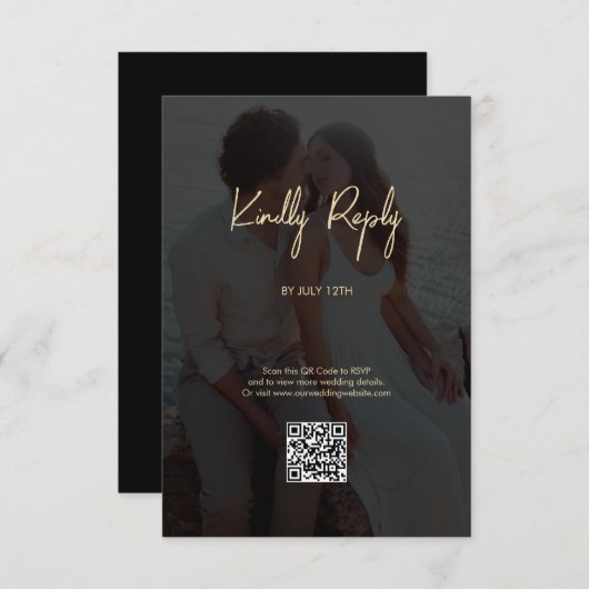 Modern Zwart Goud Foto Overlay Bruiloft Informatiekaartje (Voorkant / Achterkant)
