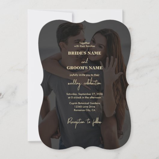 Modern Zwart Goud Foto Overlay Bruiloft Kaart (Voorkant)