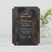 Modern Zwart Goud Foto Overlay Bruiloft Kaart (Staand voorkant)