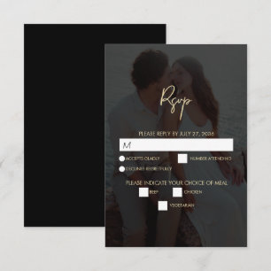 Modern Zwart Goud Foto Overlay Bruiloft RSVP Kaartje