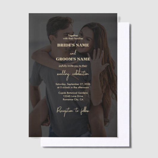 Modern Zwart Goud Foto Overlay Bruiloft Vellum Uitnodigingen (Offset)
