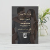Modern Zwart Goud Foto Overlay QR Code Bruiloft Save The Date (Staand voorkant)