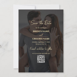 Modern Zwart Goud Foto Overlay QR Code Bruiloft Save The Date