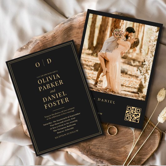 Modern Zwart Goud Foto QR Code Huwelijk Kaart