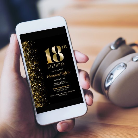 Modern Zwart Goud Glitter 18e Verjaardagsfeestje Kaart