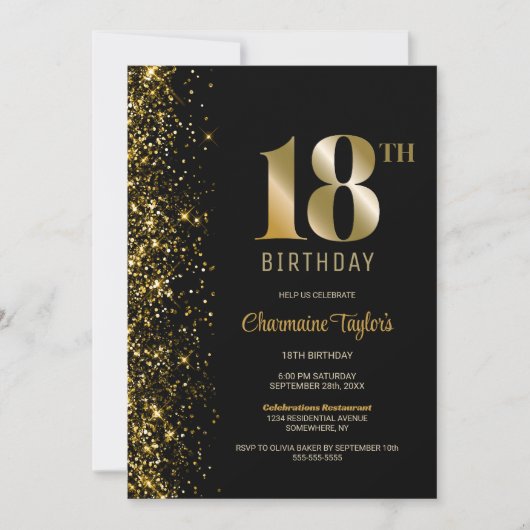 Modern Zwart Goud Glitter 18e Verjaardagsfeestje Kaart (Voorkant)