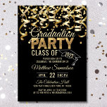 Modern Zwart Goud Glitter 2024 AFSTUDEERFEEST Kaart<br><div class="desc">Moderne graduatie-uitnodigingen in een gouden en zwarte kleurtoon. Streamers met faux gold folie confetti. Glitterletters voor faux-goud,  met degressieve dop/pet. Perfect voor die hiphopende studentenfeestje. De achterzijde van de kaart heeft KLASSE van JAAR met ruimte om schoolnaam toe te voegen.</div>