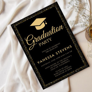 Modern Zwart Goud Glitter 24 Graduation Cap Party Kaart