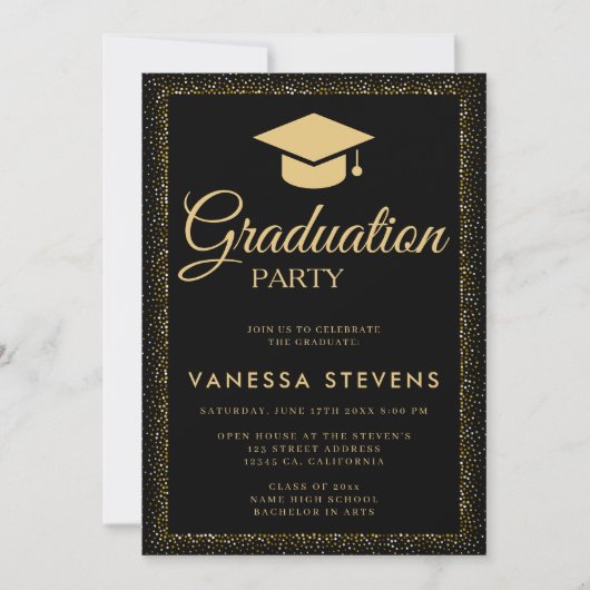 Modern Zwart Goud Glitter 24 Graduation Cap Party Kaart (Voorkant)