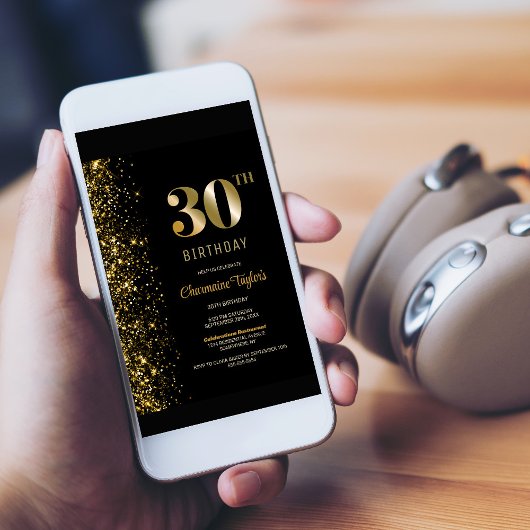Modern Zwart Goud Glitter 30e Verjaardagsfeest Kaart