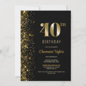 Modern Zwart Goud Glitter 40e Verjaardagsfeestje Kaart (Voorkant)