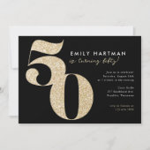 Modern Zwart Goud Glitter 50e Verjaardagsfeest Kaart (Voorkant)