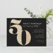 Modern Zwart Goud Glitter 50e Verjaardagsfeest Kaart (Staand voorkant)