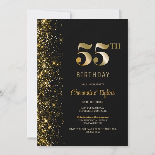 Modern Zwart Goud Glitter 55e Verjaardagsfeestje Kaart (Voorkant)