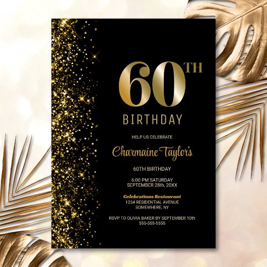 Modern Zwart Goud Glitter 60e Verjaardagsfeestje Kaart