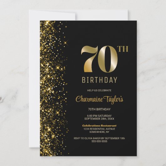 Modern Zwart Goud Glitter 70e Verjaardagsfeestje Kaart