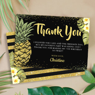 Modern Zwart Goud Glitter Ananas Bloemen Bedankkaart