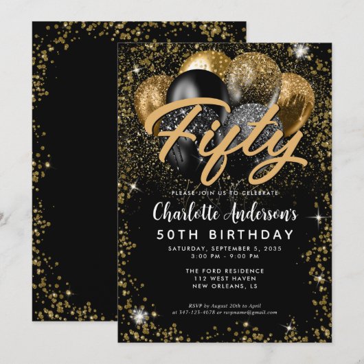 Modern Zwart Goud Glitter Ballon Any Age Verjaarda Kaart (Voorkant / Achterkant)