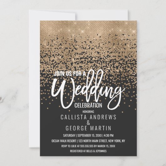Modern Zwart Goud Glitter Confetti bruiloft Kaart (Voorkant)