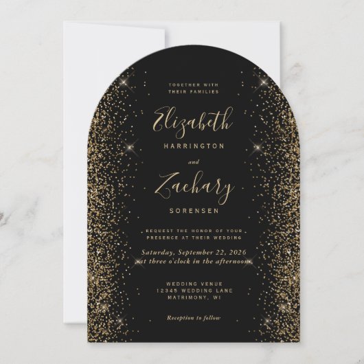 Modern Zwart Goud Glitter Edge Boog Wedding Kaart (Voorkant)