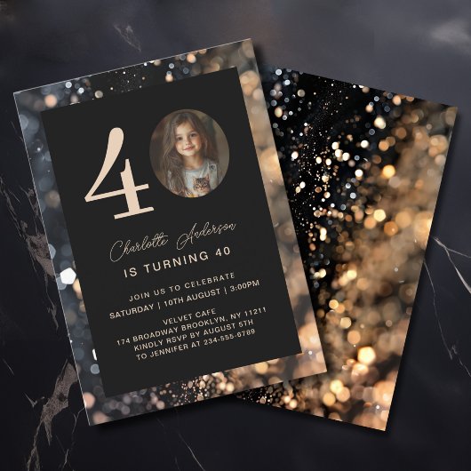 Modern, zwart, goud, glitter, foto, 40. Birthday Kaart